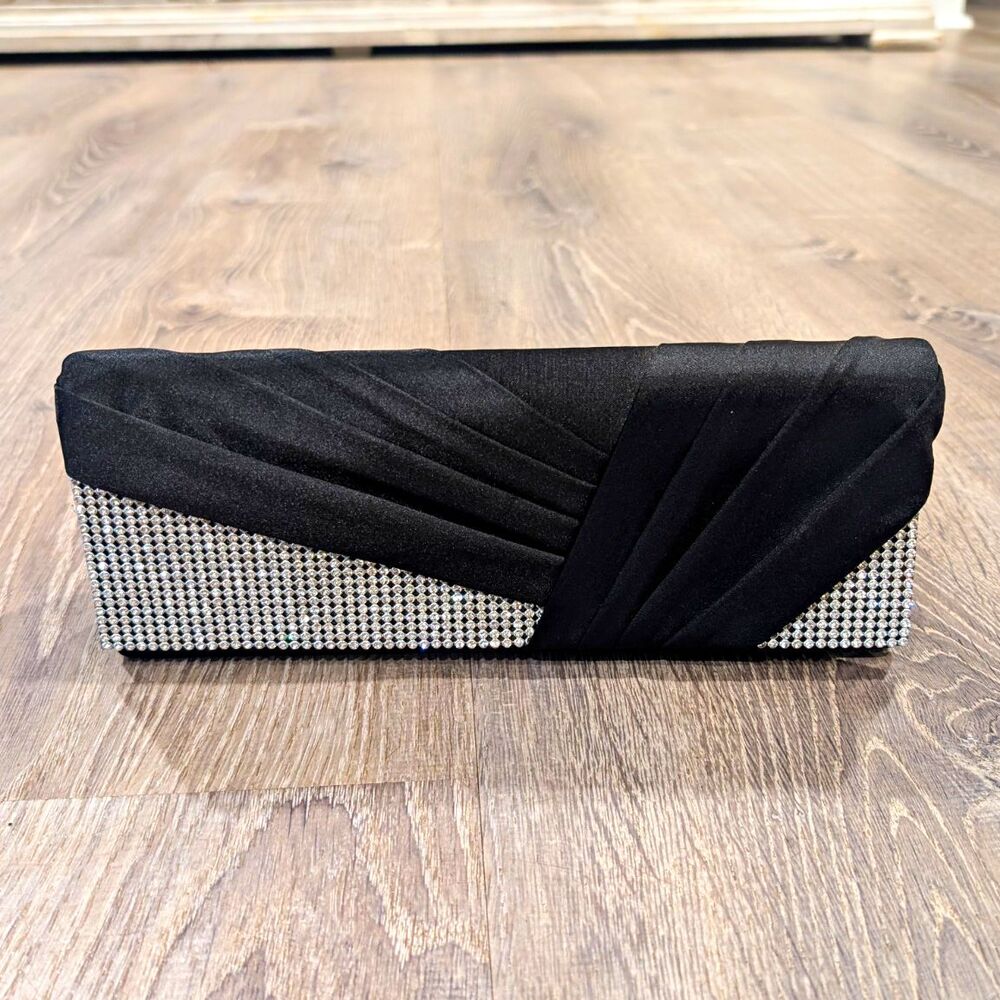 Charming Charlie RSVP Black Satin Rhinestone Pleated Formal Evening Clutch Bag